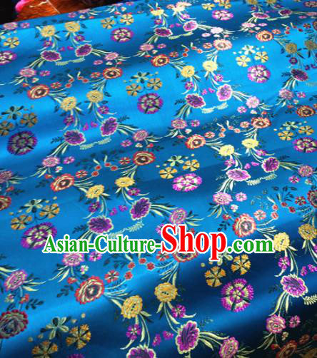 Chinese Traditional Buddhism Flowers Pattern Design Blue Brocade Silk Fabric Tibetan Robe Satin Fabric Asian Material