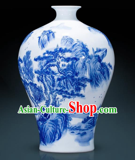 Chinese Jingdezhen Ceramic Landscape Painting Prunus Vase Handicraft Traditional Blue and White Porcelain Vase