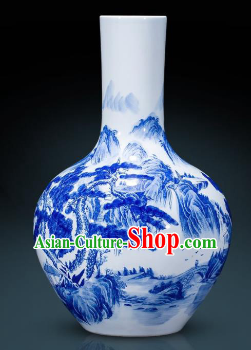 Chinese Jingdezhen Ceramic Landscape Painting Ball Vase Handicraft Traditional Blue and White Porcelain Vase