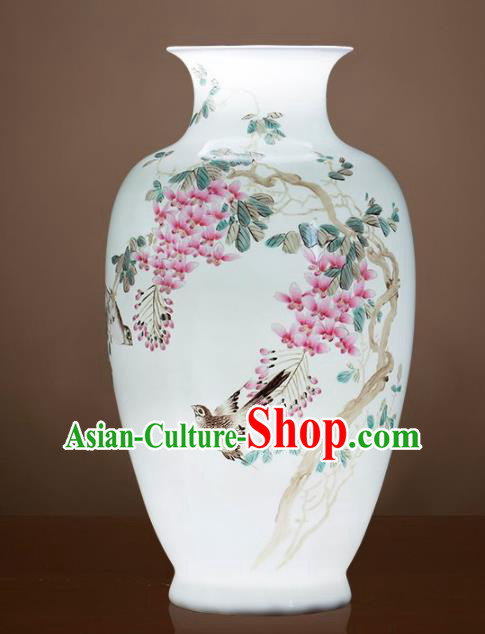 Chinese Jingdezhen Ceramic Hand Painting Wisteria Powder Enamel Vase Handicraft Traditional Porcelain Vase