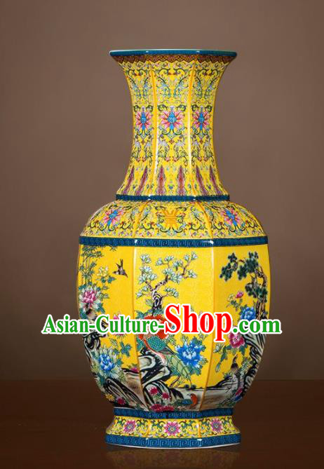 Chinese Jingdezhen Ceramic Yellow Powder Enamel Vase Handicraft Traditional Porcelain Vase