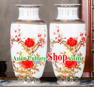 Chinese Traditional Printing Red Peony Enamel Vase Jingdezhen Ceramic Handicraft