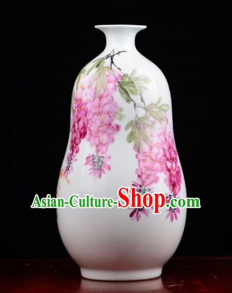 Chinese Jingdezhen Ceramic Craft Painting Wisteria Powder Enamel Vase Handicraft Traditional Porcelain Vase