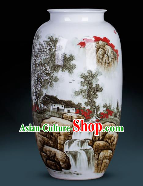 Chinese Jingdezhen Ceramic Craft Hand Painting Landscape Vase Enamel Handicraft Traditional Porcelain Vase