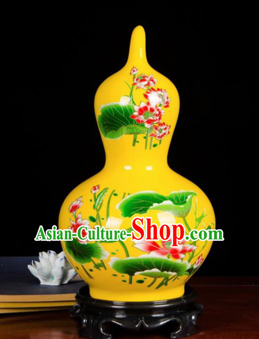 Chinese Jingdezhen Ceramic Craft Hand Painting Lotus Yellow Enamel Calabash Vase Handicraft Traditional Porcelain Vase