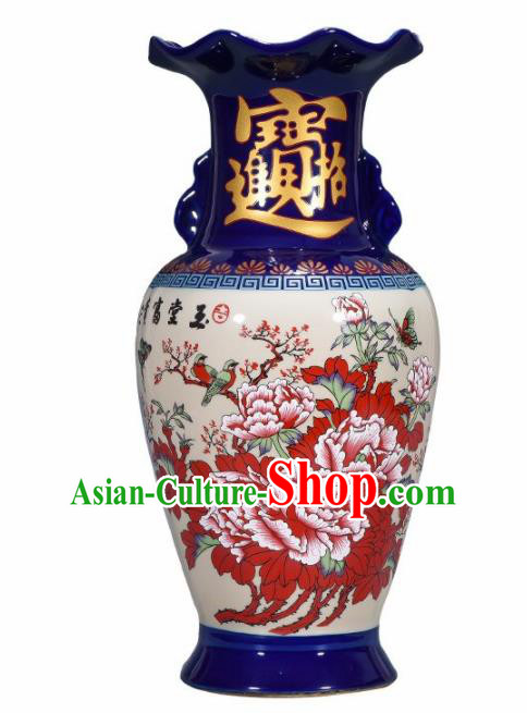 Chinese Jingdezhen Ceramic Craft Printing Peony Enamel Vase Handicraft Traditional Porcelain Vase