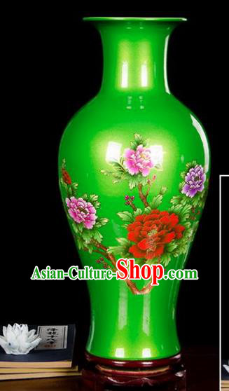 Chinese Jingdezhen Ceramic Craft Printing Peony Pattern Green Enamel Vase Handicraft Traditional Porcelain Vase