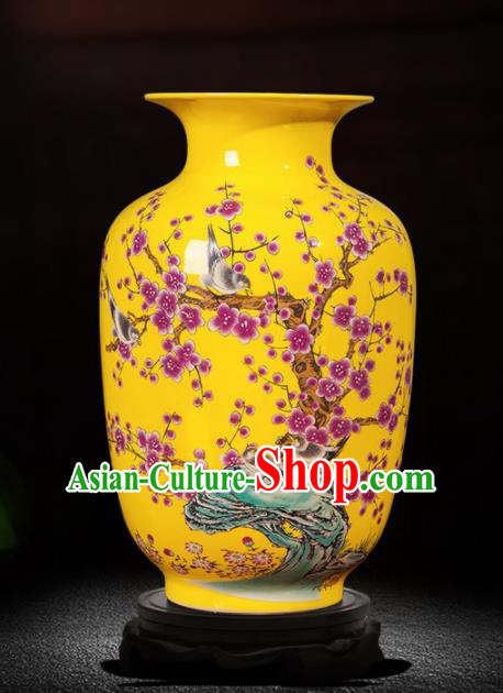 Chinese Jingdezhen Ceramic Craft Printing Plum Blossom Yellow Enamel Vase Handicraft Traditional Porcelain Vase