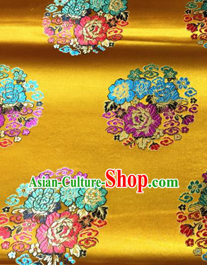 Chinese Traditional Buddhism Round Peony Pattern Golden Brocade Silk Fabric Tibetan Robe Satin Fabric Asian Material