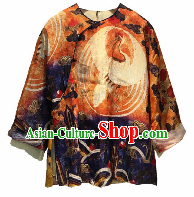 Chinese Traditional National Costume Printing Crane Blouse Tang Suit Upper Outer Garment for Women