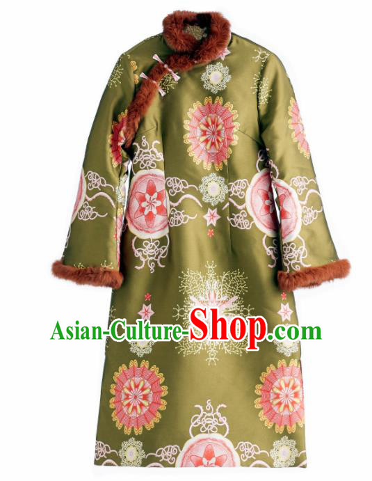 Chinese Traditional National Costume Tang Suit Qipao Dress Cotton Padded Green Cheongsam for Women