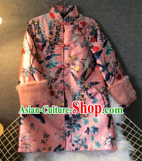 Chinese Traditional National Costume Pink Cotton Padded Coat Embroidered Tang Suit Outer Garment for Women