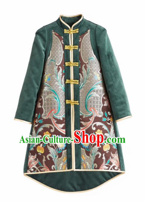 Chinese Traditional National Costume Green Cotton Padded Coat Embroidered Tang Suit Outer Garment for Women