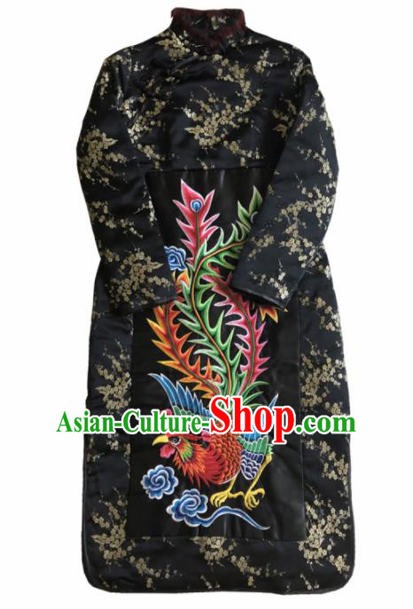 Chinese Traditional National Costume Tang Suit Qipao Dress Embroidered Phoenix Black Cheongsam for Women