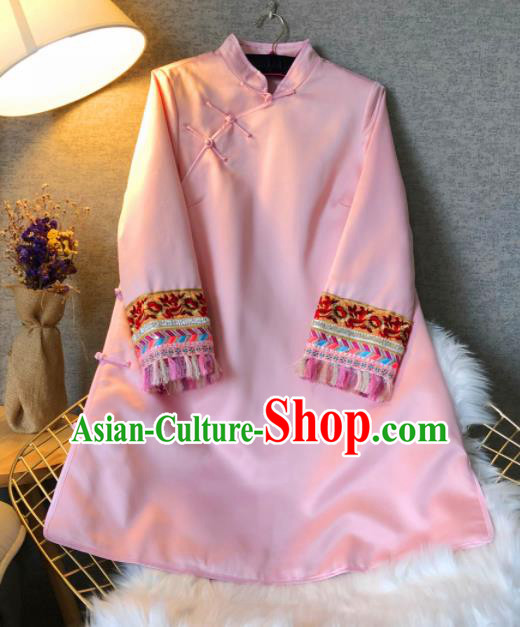 Chinese Traditional National Costume Tang Suit Qipao Dress Embroidered Pink Cheongsam for Women