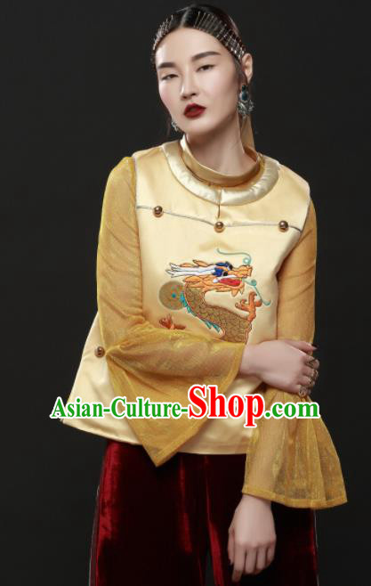 Chinese Traditional National Costume Embroidered Dragon Golden Vest Tang Suit Upper Outer Garment for Women