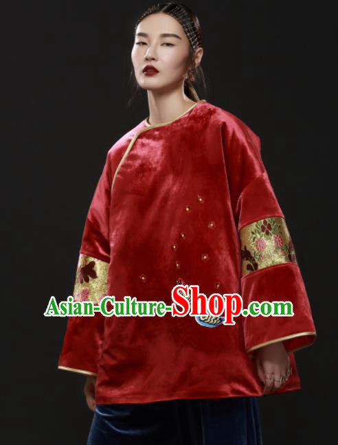 Chinese Traditional National Costume Embroidered Red Velvet Jacket Tang Suit Upper Outer Garment for Women