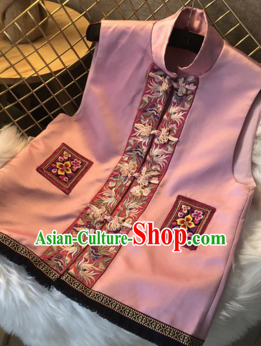 Chinese Traditional National Costume Embroidered Pink Vest Tang Suit Waistcoat Upper Outer Garment for Women