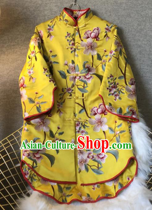 Chinese Traditional National Costume Tang Suit Embroidered Yellow Coat Outer Garment for Women