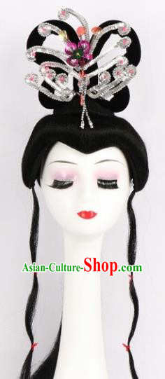 Chinese Ancient Peri Wigs and White Phoenix Tassel Hairpins Traditional Peking Opera Artiste Hair Accessories for Women