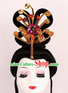 Chinese Ancient Peri Wigs and Golden Phoenix Tassel Hairpins Traditional Peking Opera Artiste Hair Accessories for Women