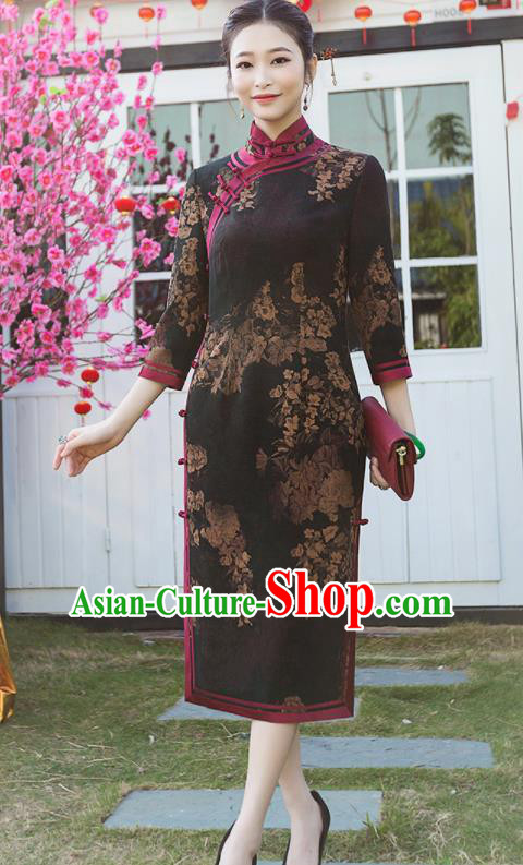 Chinese Traditional Tang Suit Printing Black Silk Qipao Dress National Costume Cheongsam for Women