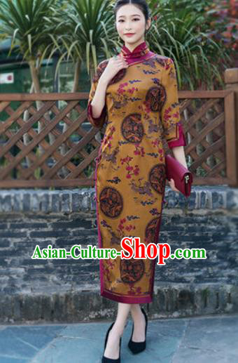 Chinese Traditional Tang Suit Golden Silk Qipao Dress National Costume Cheongsam for Women