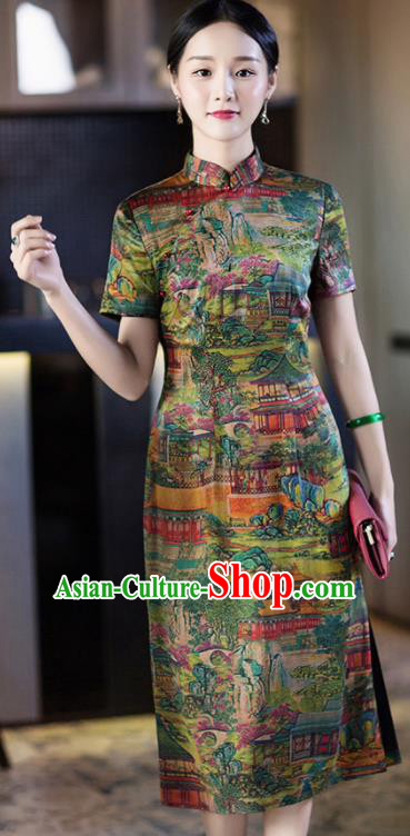 Chinese Traditional Tang Suit Printing Green Silk Qipao Dress National Costume Cheongsam for Women