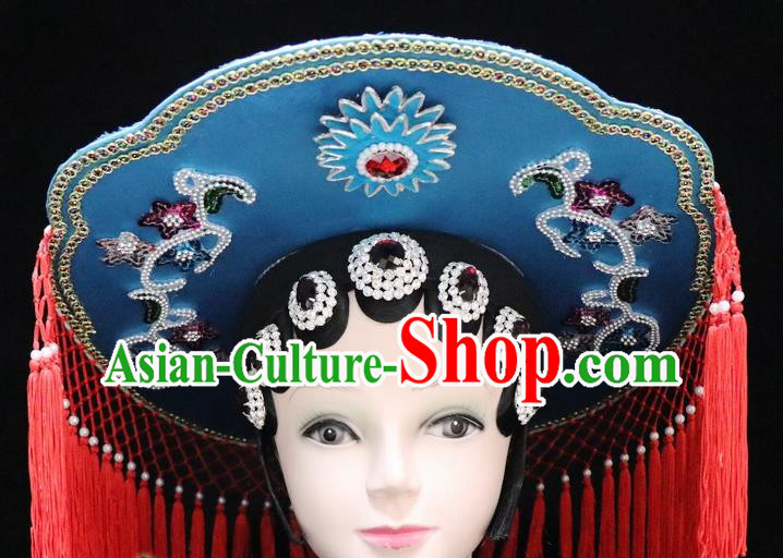 Chinese Ancient Swordswoman Blue Hat Traditional Peking Opera Artiste Headwear for Women