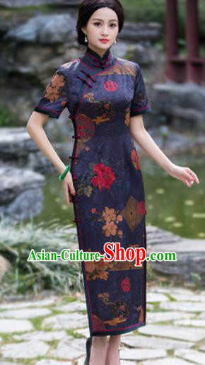 Chinese Traditional National Costume Tang Suit Navy Silk Qipao Dress Cheongsam for Women