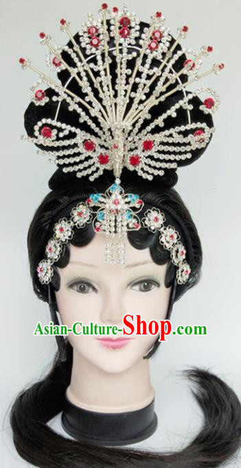 Chinese Ancient Peri Wigs and Crystal Phoenix Hairpins Traditional Peking Opera Imperial Consort Wig Sheath Hair Accessories for Women