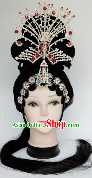 Chinese Ancient Peri Wigs and Crystal Phoenix Tassel Hairpins Traditional Peking Opera Imperial Consort Wig Sheath Hair Accessories for Women