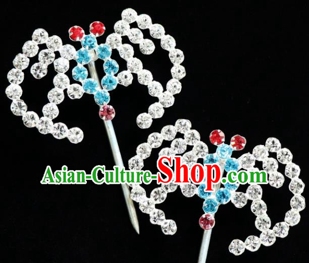 Chinese Ancient Princess Blue Crystal Bats Hairpins Traditional Peking Opera Artiste Headwear for Women