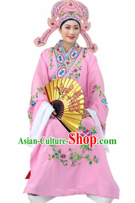 Chinese Ancient Nobility Childe Pink Embroidered Robe Traditional Peking Opera Niche Costume for Men