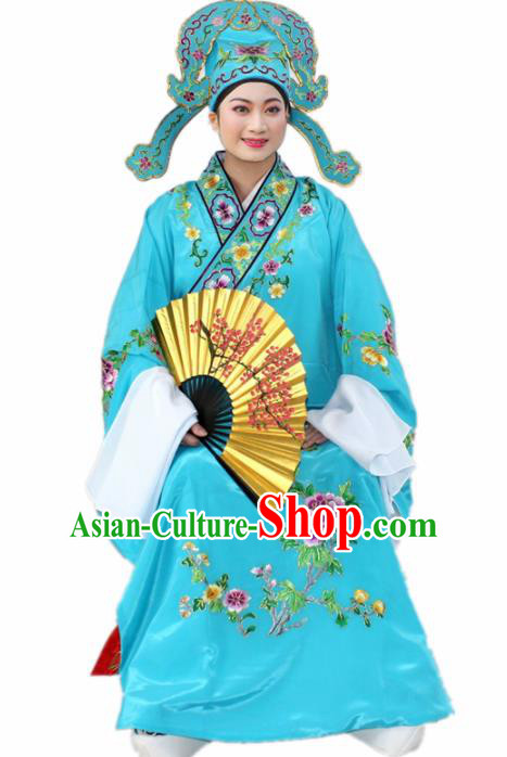 Chinese Ancient Nobility Childe Blue Embroidered Robe Traditional Peking Opera Niche Costume for Men