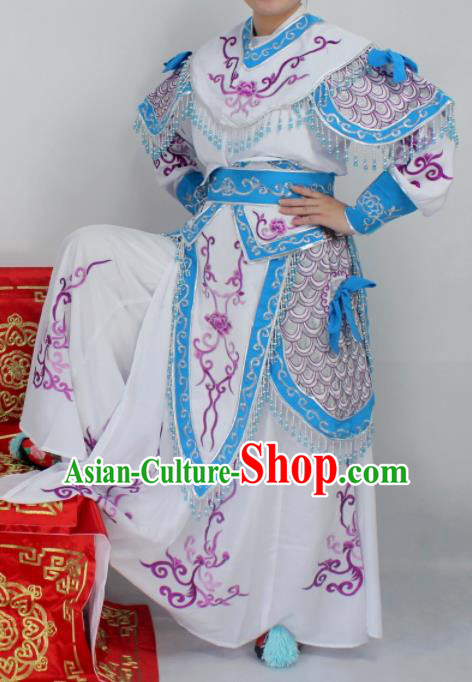 Chinese Ancient Swordswoman White Embroidered Dress Traditional Peking Opera Blues Artiste Costume for Women