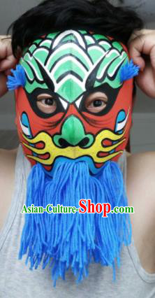 Chinese Traditional Sichuan Opera Prop Face Changing Blue Tassel Masks Handmade Painting Facial Makeup