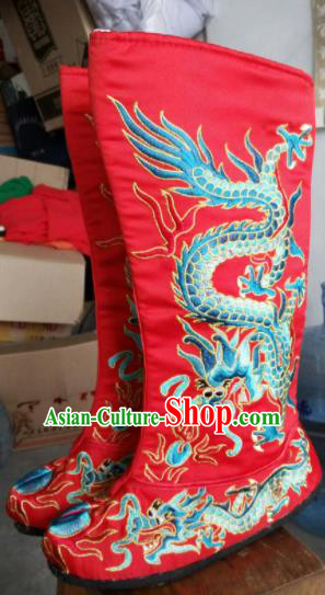 Chinese Beijing Opera Red Boots Traditional Sichuan Opera Face Changing Embroidered Dragon Boots for Men