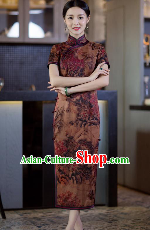 Chinese Traditional Tang Suit Printing Silk Qipao Dress National Costume Cheongsam for Women