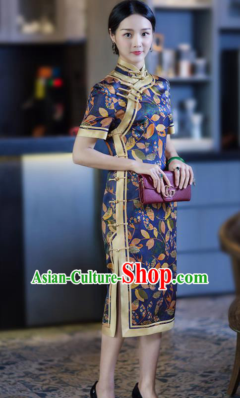 Chinese Traditional Tang Suit Printing Leat Blue Silk Qipao Dress National Costume Cheongsam for Women