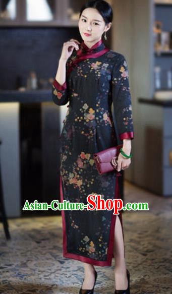 Chinese Traditional Tang Suit Printing Black Silk Qipao Dress National Costume Cheongsam for Women