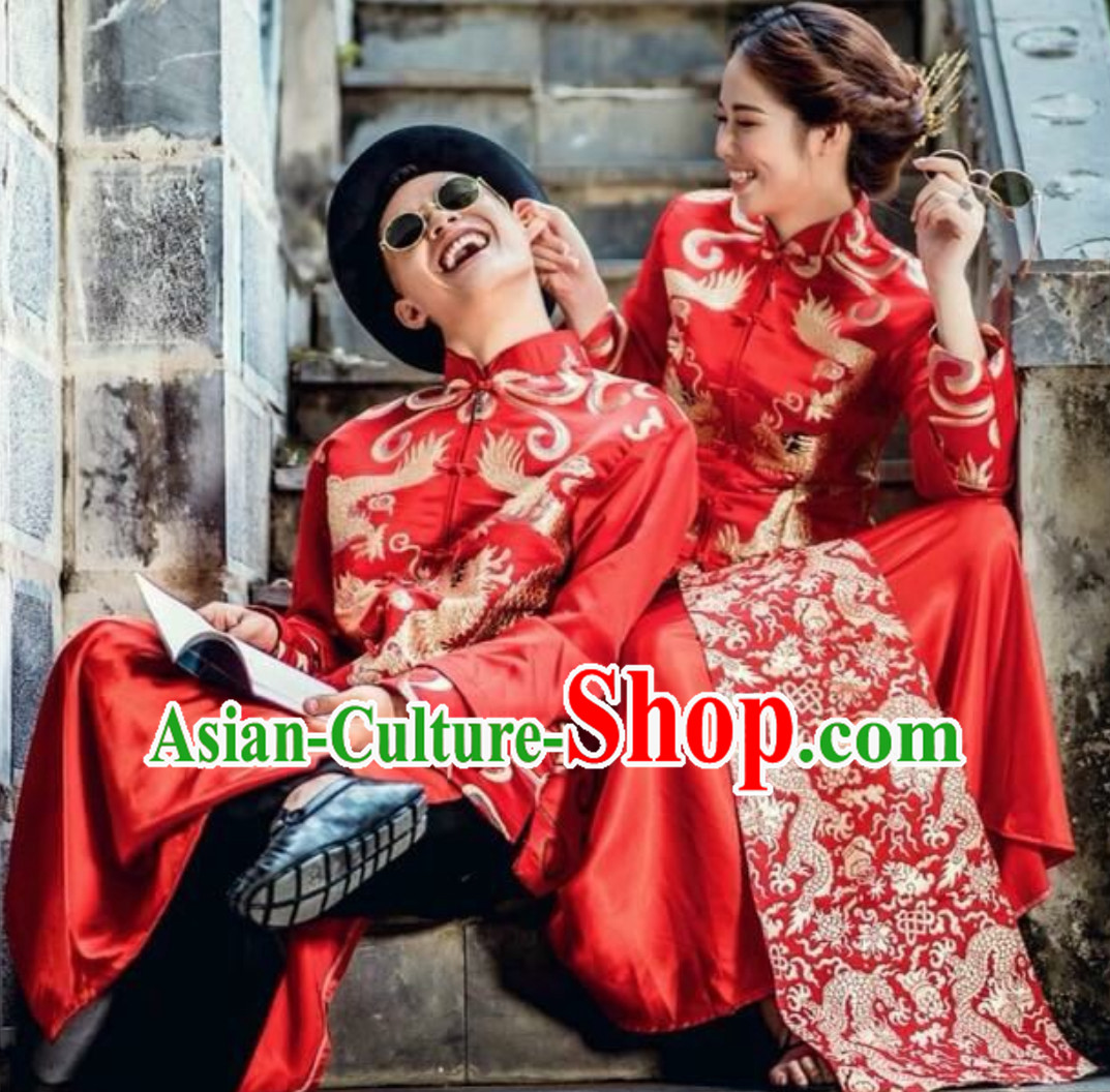 Traditional Vietnam Wedding Dresses Complete Set for Bride and Bridegroom