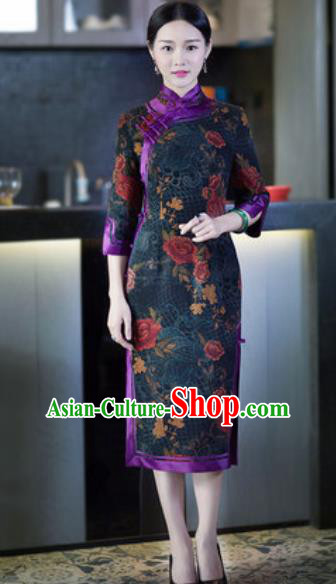 Chinese Traditional Tang Suit Atrovirens Silk Qipao Dress National Costume Cheongsam for Women