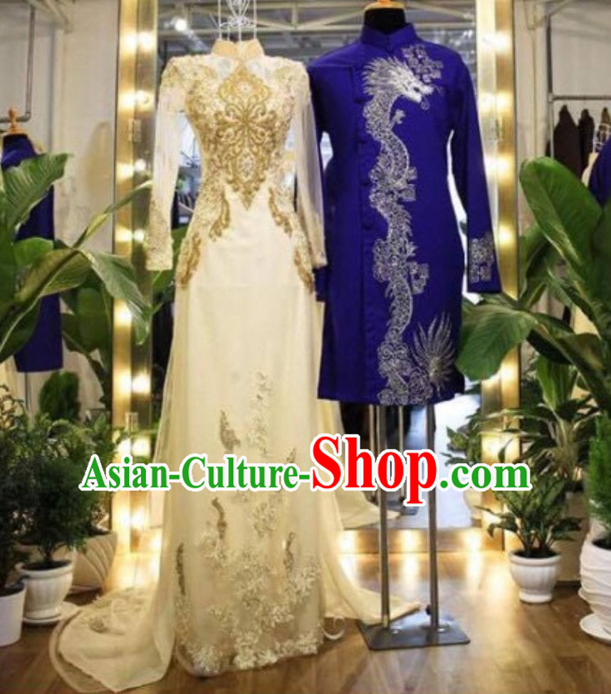 Classical Traditional Vietnam Wedding Dresses Complete Set for Bride and Bridegroom