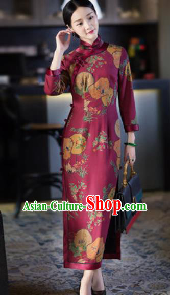 Chinese Traditional Tang Suit Wine Red Qipao Dress National Costume Printing Cheongsam for Women