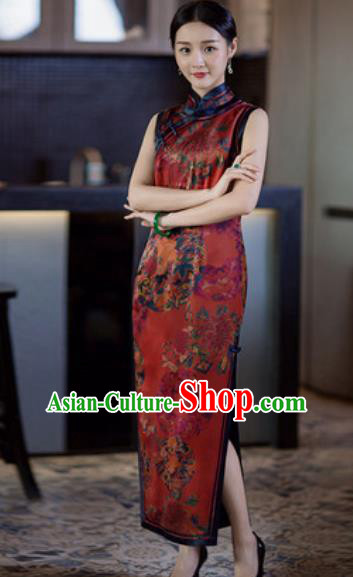 Chinese Traditional Tang Suit Purplish Red Qipao Dress National Costume Printing Cheongsam for Women