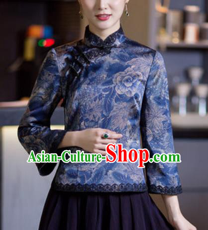 Chinese Traditional Tang Suit Upper Outer Garment Qipao Dress Blue Blouse National Costume for Women