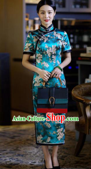 Chinese Traditional Tang Suit Qipao Dress National Costume Printing Green Cheongsam for Women