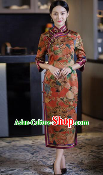 Chinese Traditional Tang Suit Qipao Dress National Costume Printing Orange Cheongsam for Women