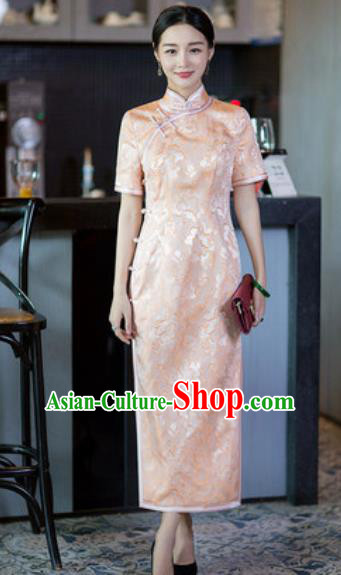 Chinese Traditional Tang Suit Qipao Dress National Costume Pink Silk Cheongsam for Women